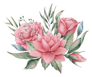 Çiçekler ve yapraklar, beyaz arka plan üzerinde izole suluboya büyüleyici kombinasyonu el boyalı