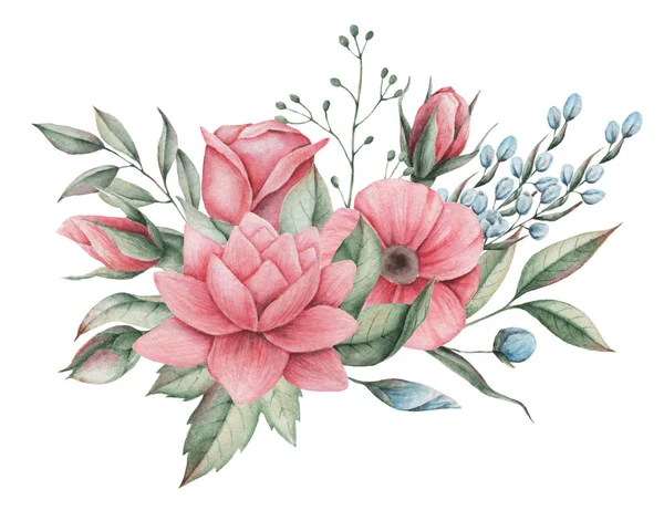 Handgeschilderde aquarel charmante combinatie van bloemen en bladeren, geïsoleerd op witte achtergrond — Stockfoto