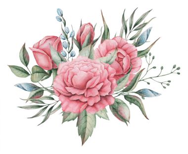 Çiçekler ve yapraklar, beyaz arka plan üzerinde izole suluboya büyüleyici kombinasyonu el boyalı