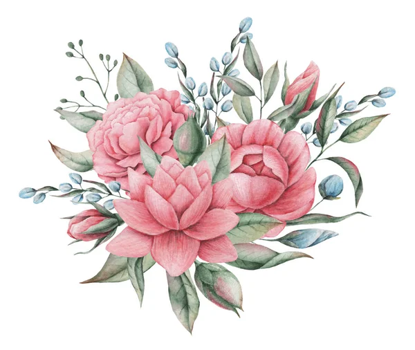 Çiçekler ve yapraklar, beyaz arka plan üzerinde izole suluboya büyüleyici kombinasyonu el boyalı