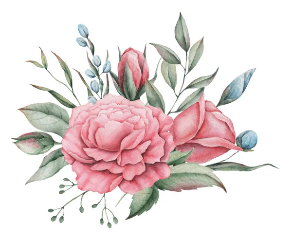 Çiçekler ve yapraklar, beyaz arka plan üzerinde izole suluboya büyüleyici kombinasyonu el boyalı