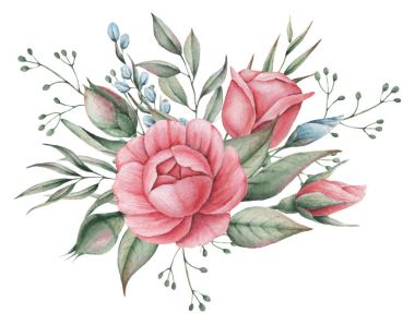 Çiçekler ve yapraklar, beyaz arka plan üzerinde izole suluboya büyüleyici kombinasyonu el boyalı