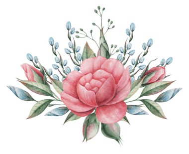 Çiçekler ve yapraklar, beyaz arka plan üzerinde izole suluboya büyüleyici kombinasyonu el boyalı