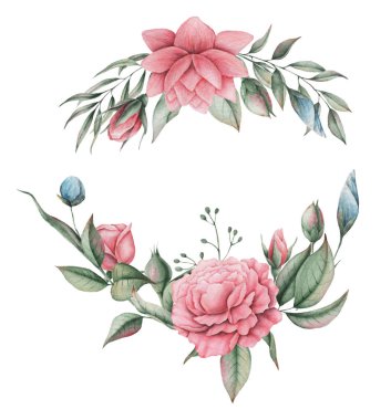 Çiçekler ve yapraklar, beyaz arka plan üzerinde izole suluboya büyüleyici kombinasyonu el boyalı