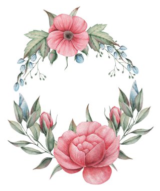 Çiçekler ve yapraklar, beyaz arka plan üzerinde izole suluboya büyüleyici kombinasyonu el boyalı