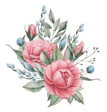 Çiçekler ve yapraklar, beyaz arka plan üzerinde izole suluboya büyüleyici kombinasyonu el boyalı