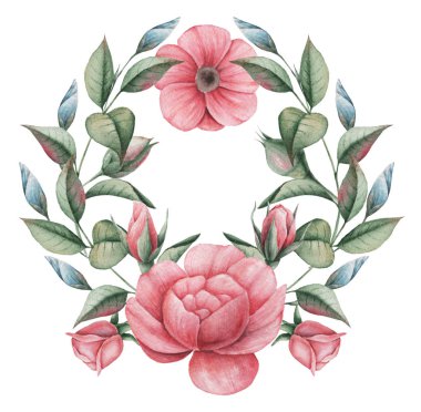 Çiçekler ve yapraklar, beyaz arka plan üzerinde izole suluboya büyüleyici kombinasyonu el boyalı