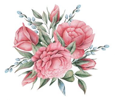 Çiçekler ve yapraklar, beyaz arka plan üzerinde izole suluboya büyüleyici kombinasyonu el boyalı