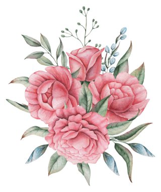 Çiçekler ve yapraklar, beyaz arka plan üzerinde izole suluboya büyüleyici kombinasyonu el boyalı