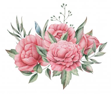 Çiçekler ve yapraklar, beyaz arka plan üzerinde izole suluboya büyüleyici kombinasyonu el boyalı