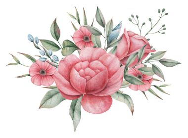 Çiçekler ve yapraklar, beyaz arka plan üzerinde izole suluboya büyüleyici kombinasyonu el boyalı