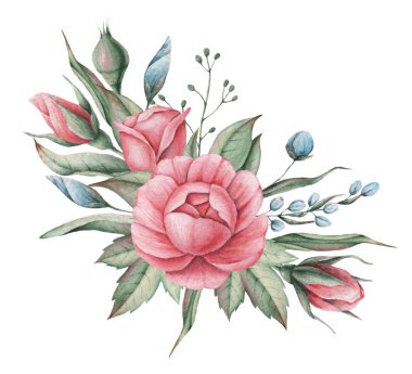 Çiçekler ve yapraklar, beyaz arka plan üzerinde izole suluboya büyüleyici kombinasyonu el boyalı