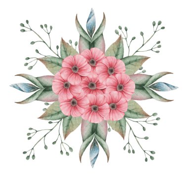 Çiçekler ve yapraklar, beyaz arka plan üzerinde izole suluboya büyüleyici kombinasyonu el boyalı