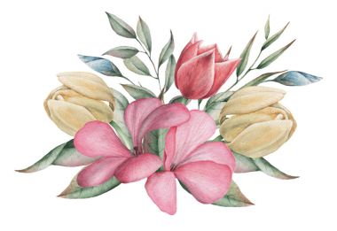 Çiçekler ve yapraklar, beyaz arka plan üzerinde izole suluboya büyüleyici kombinasyonu el boyalı.