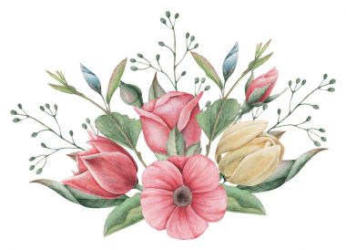 Çiçekler ve yapraklar, beyaz arka plan üzerinde izole suluboya büyüleyici kombinasyonu el boyalı.