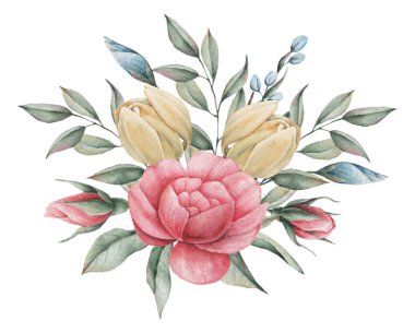 Çiçekler ve yapraklar, beyaz arka plan üzerinde izole suluboya büyüleyici kombinasyonu el boyalı.