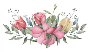 Çiçekler ve yapraklar, beyaz arka plan üzerinde izole suluboya büyüleyici kombinasyonu el boyalı.