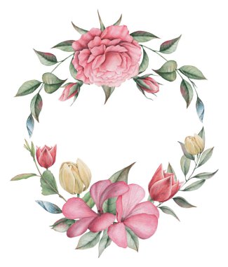 Çiçekler ve yapraklar, beyaz arka plan üzerinde izole suluboya büyüleyici kombinasyonu el boyalı