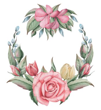 Çiçekler ve yapraklar, beyaz arka plan üzerinde izole suluboya büyüleyici kombinasyonu el boyalı