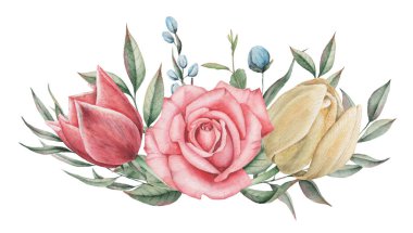 Çiçekler ve yapraklar, beyaz arka plan üzerinde izole suluboya büyüleyici kombinasyonu el boyalı