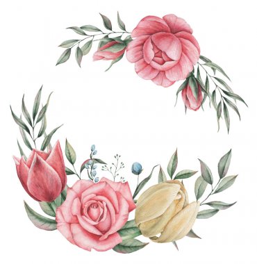 Çiçekler ve yapraklar, beyaz arka plan üzerinde izole suluboya büyüleyici kombinasyonu el boyalı