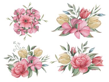 Çiçekler ve yapraklar, beyaz arka plan üzerinde izole suluboya büyüleyici kombinasyonu el boyalı