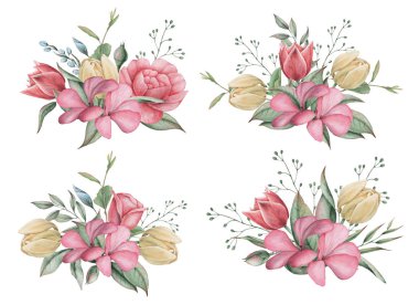 Çiçekler ve yapraklar, beyaz arka plan üzerinde izole suluboya büyüleyici kombinasyonu el boyalı