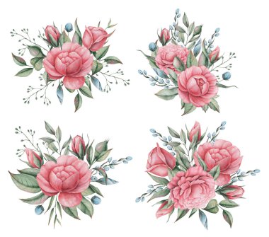 Çiçekler ve yapraklar, beyaz arka plan üzerinde izole suluboya büyüleyici kombinasyonu el boyalı