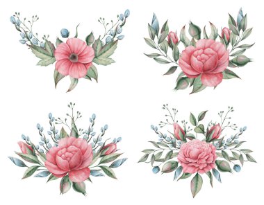 Çiçekler ve yapraklar, beyaz arka plan üzerinde izole suluboya büyüleyici kombinasyonu el boyalı