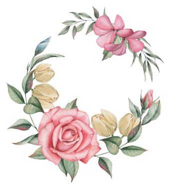 Çiçekler ve yapraklar, beyaz arka plan üzerinde izole suluboya büyüleyici kombinasyonu el boyalı