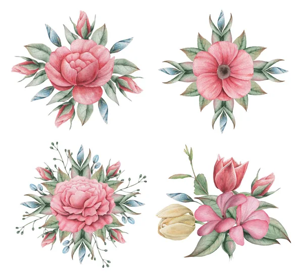 Çiçekler ve yapraklar, beyaz arka plan üzerinde izole suluboya büyüleyici kombinasyonu el boyalı