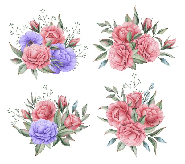 Handbemaltes Aquarell charmante Kombination von Blumen und Blättern, isoliert auf weißem Hintergrund — Stockfoto