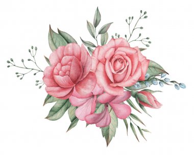 Çiçekler ve yapraklar, beyaz arka plan üzerinde izole suluboya büyüleyici kombinasyonu el boyalı