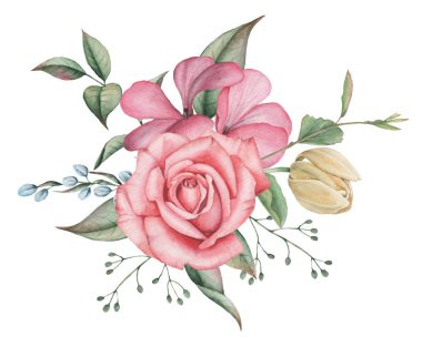 Çiçekler ve yapraklar, beyaz arka plan üzerinde izole suluboya büyüleyici kombinasyonu el boyalı