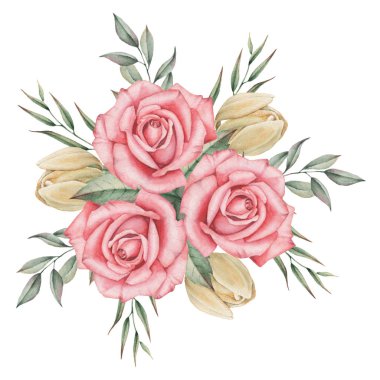 Çiçekler ve yapraklar, beyaz arka plan üzerinde izole suluboya büyüleyici kombinasyonu el boyalı