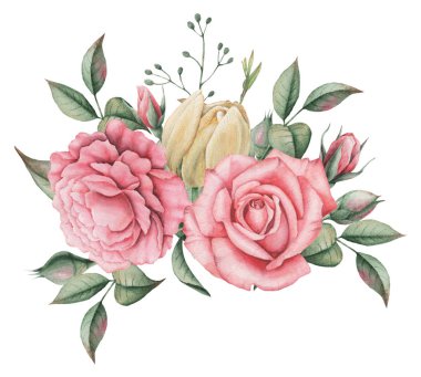 Çiçekler ve yapraklar, beyaz arka plan üzerinde izole suluboya büyüleyici kombinasyonu el boyalı