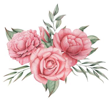 Çiçekler ve yapraklar, beyaz arka plan üzerinde izole suluboya büyüleyici kombinasyonu el boyalı