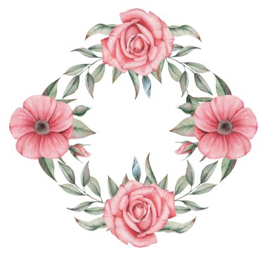 Çiçekler ve yapraklar, beyaz arka plan üzerinde izole suluboya büyüleyici kombinasyonu el boyalı