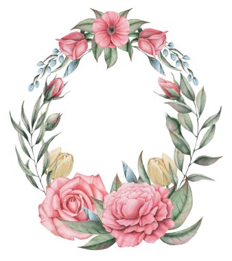 Çiçekler ve yapraklar, beyaz arka plan üzerinde izole suluboya büyüleyici kombinasyonu el boyalı