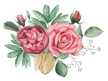 Çiçekler ve yapraklar, beyaz arka plan üzerinde izole suluboya büyüleyici kombinasyonu el boyalı