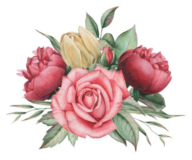 Çiçekler ve yapraklar, beyaz arka plan üzerinde izole suluboya büyüleyici kombinasyonu el boyalı