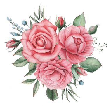 Çiçekler ve yapraklar, beyaz arka plan üzerinde izole suluboya büyüleyici kombinasyonu el boyalı