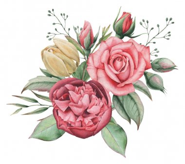 Çiçekler ve yapraklar, beyaz arka plan üzerinde izole suluboya büyüleyici kombinasyonu el boyalı