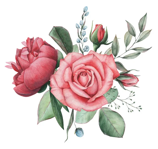 Çiçekler ve yapraklar, beyaz arka plan üzerinde izole suluboya büyüleyici kombinasyonu el boyalı