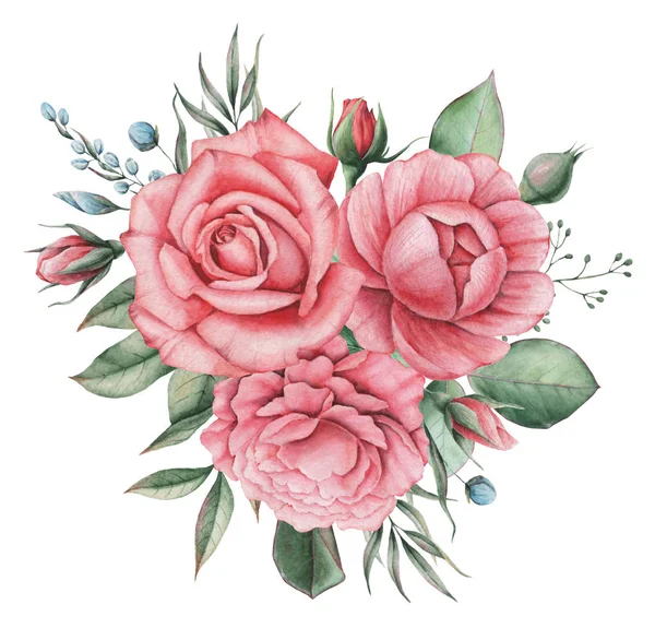 Çiçekler ve yapraklar, beyaz arka plan üzerinde izole suluboya büyüleyici kombinasyonu el boyalı