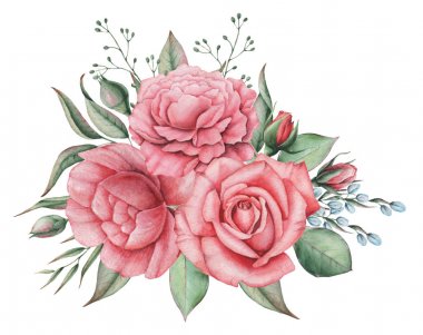 Çiçekler ve yapraklar, beyaz arka plan üzerinde izole suluboya büyüleyici kombinasyonu el boyalı