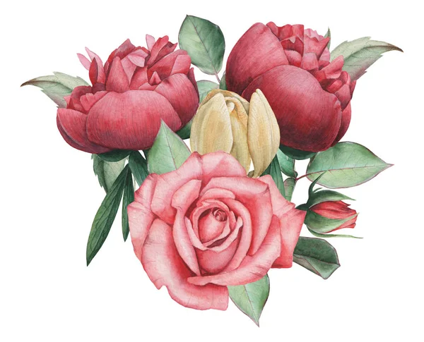 Çiçekler ve yapraklar, beyaz arka plan üzerinde izole suluboya büyüleyici kombinasyonu el boyalı