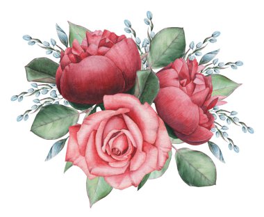 Çiçekler ve yapraklar, beyaz arka plan üzerinde izole suluboya büyüleyici kombinasyonu el boyalı