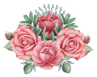 Çiçekler ve yapraklar, beyaz arka plan üzerinde izole suluboya büyüleyici kombinasyonu el boyalı