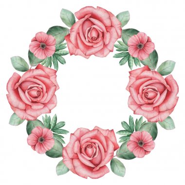 Çiçekler ve yapraklar, beyaz arka plan üzerinde izole suluboya büyüleyici kombinasyonu el boyalı